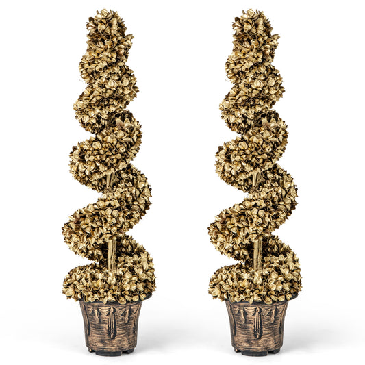 Set of 2 4ft Artificial Spiral Topiary Trees with Vintage Cement Base Pots