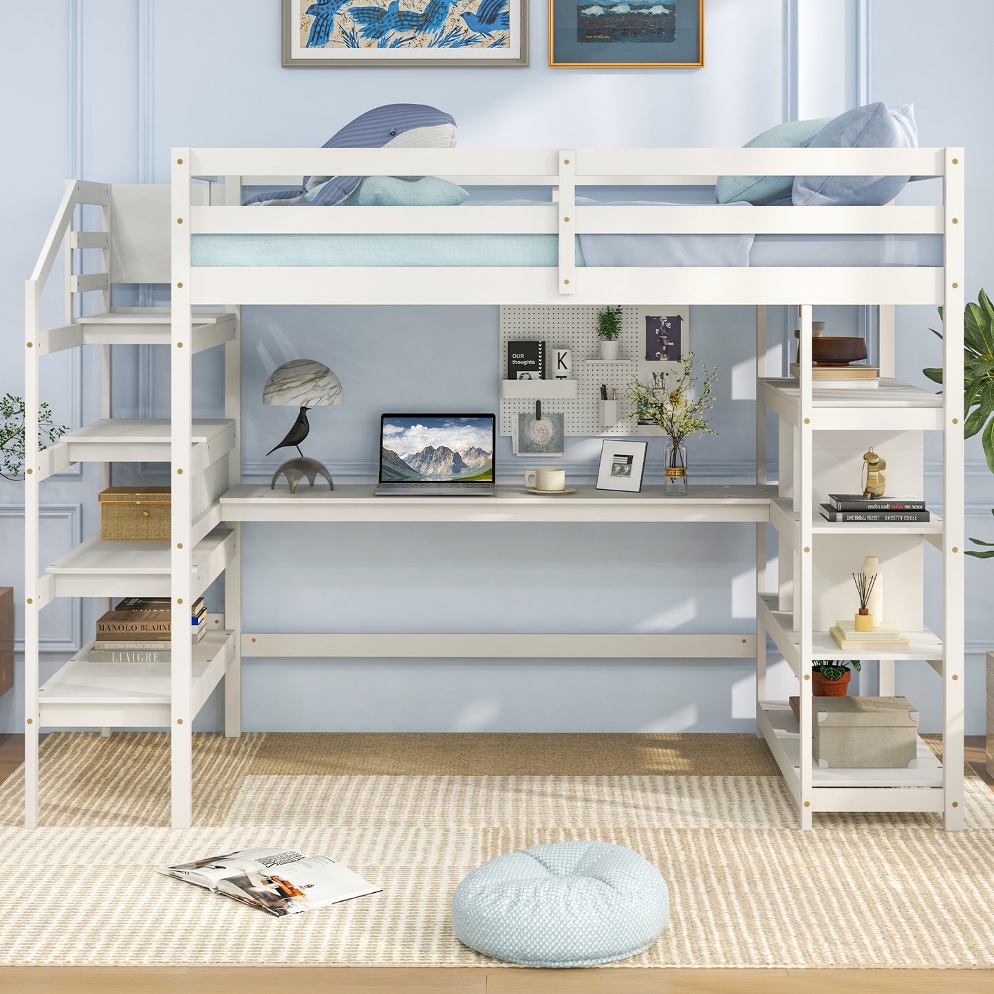 Multifunctional Twin Loft Bed with Desk, Storage Stairs, Shelves, and Safety Guardrails
