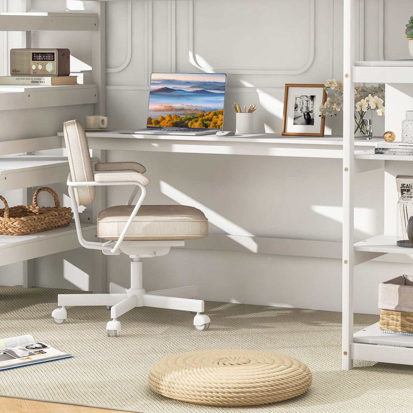 Multifunctional Twin Loft Bed with Desk, Storage Stairs, Shelves, and Safety Guardrails