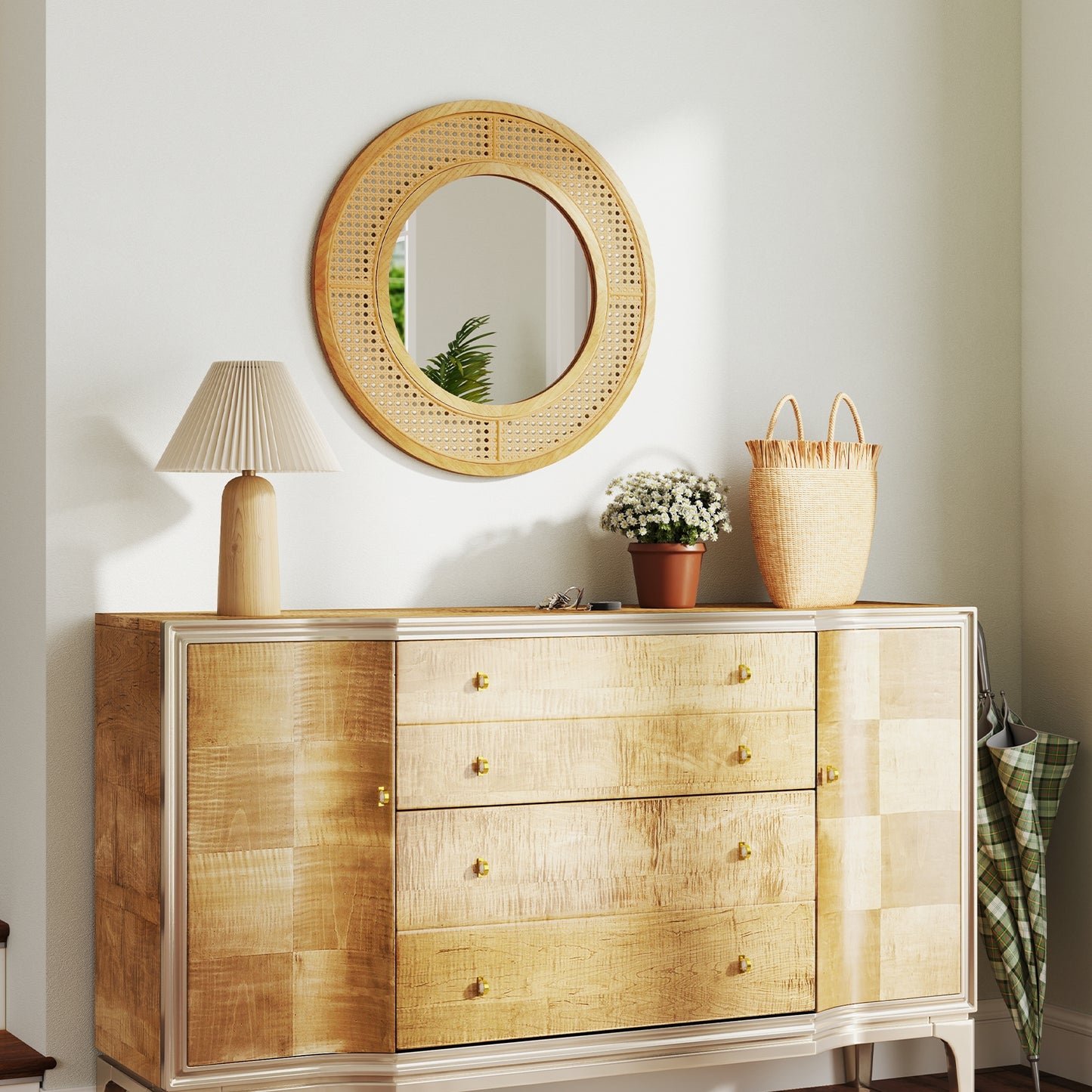 25.5 Inch Boho Round Wall Mirror with Rattan Frame for Home Décor
