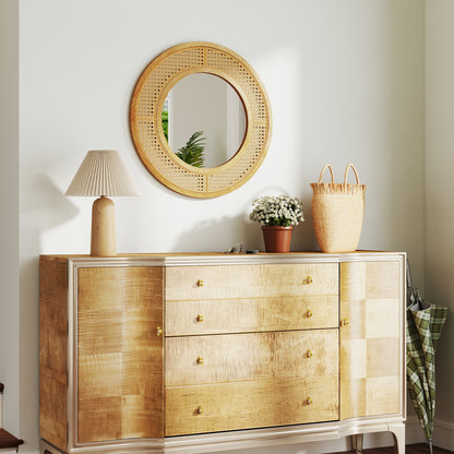 25.5 Inch Boho Round Wall Mirror with Rattan Frame for Home Décor