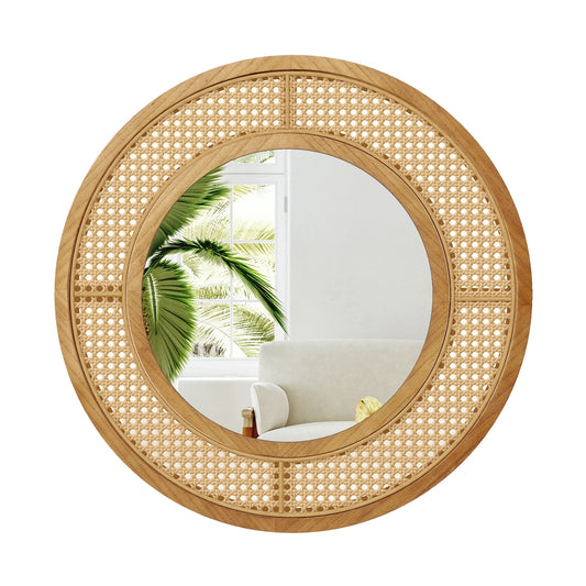 25.5 Inch Boho Round Wall Mirror with Rattan Frame for Home Décor