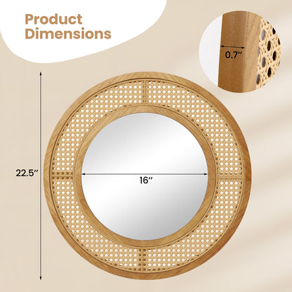 25.5 Inch Boho Round Wall Mirror with Rattan Frame for Home Décor