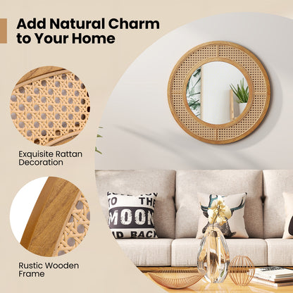25.5 Inch Boho Round Wall Mirror with Rattan Frame for Home Décor
