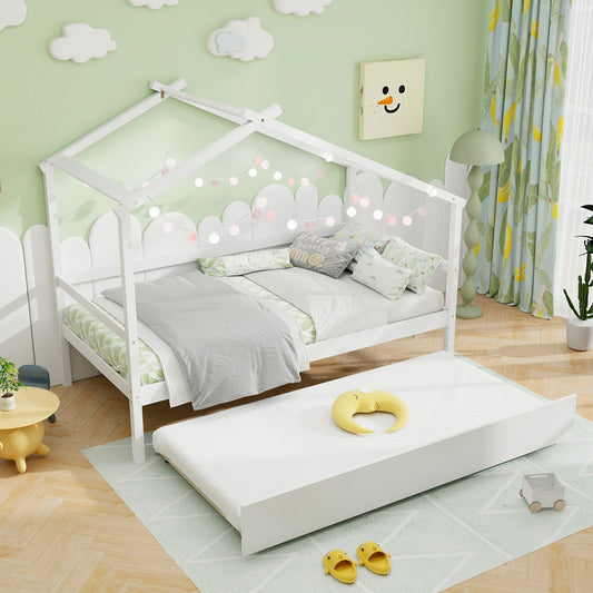 Twin Size Kids House Bed with Pull-Out Trundle, Roof Design, and Safety Guardrails - White