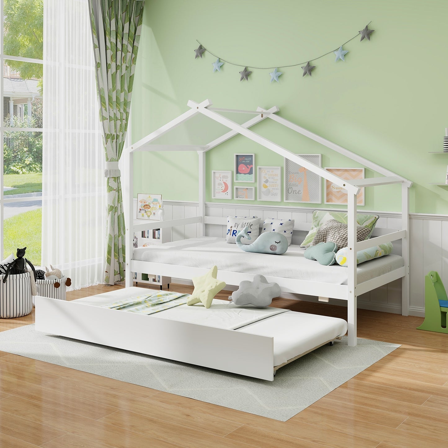 Twin Size Kids House Bed with Pull-Out Trundle, Roof Design, and Safety Guardrails - White