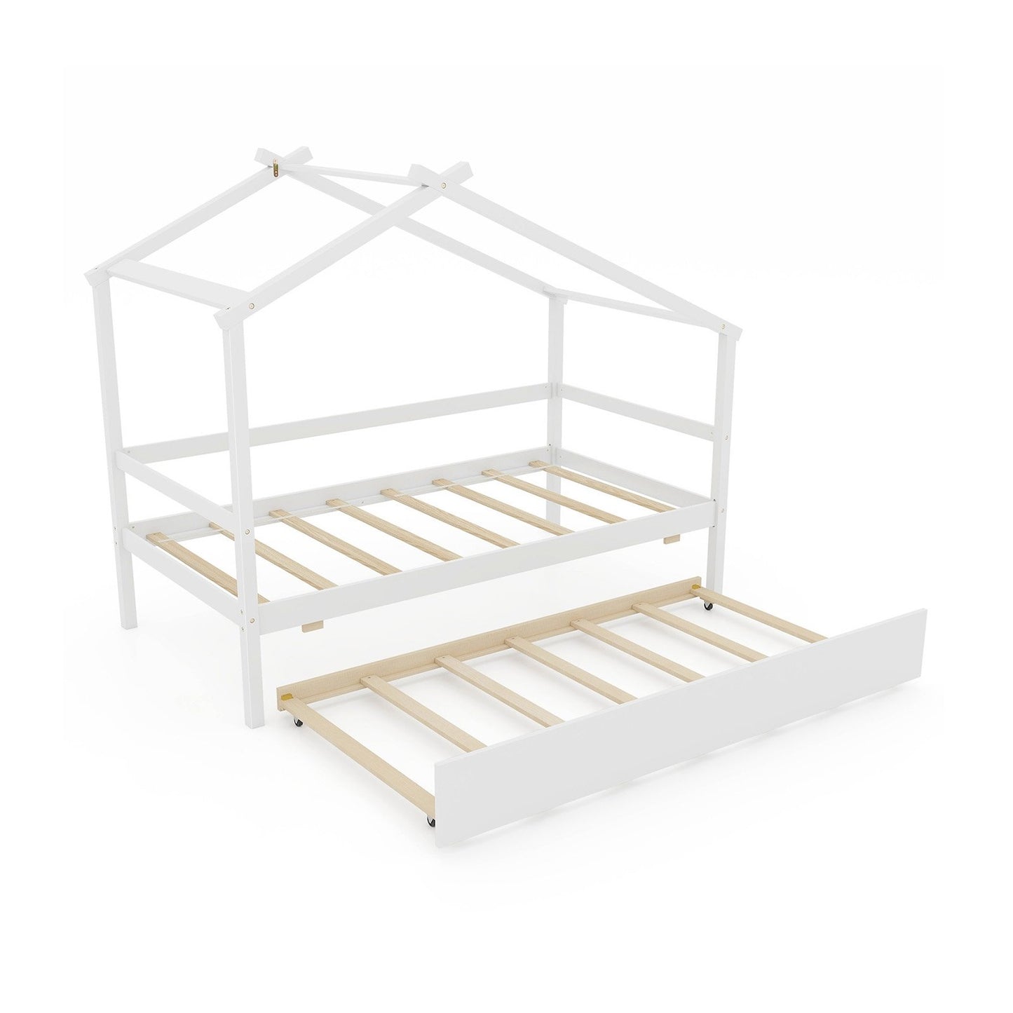Twin Size Kids House Bed with Pull-Out Trundle, Roof Design, and Safety Guardrails - White