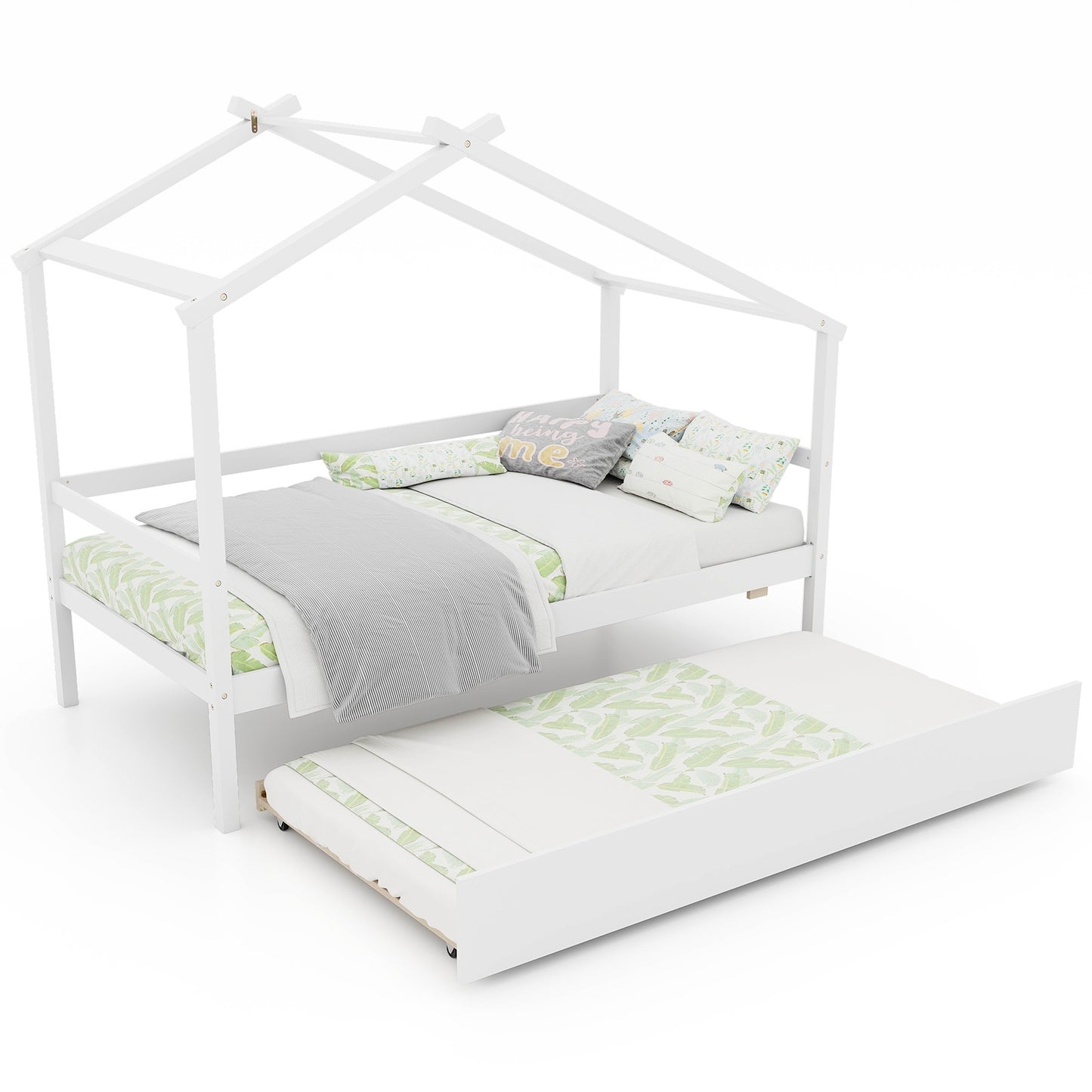 Twin Size Kids House Bed with Pull-Out Trundle, Roof Design, and Safety Guardrails - White