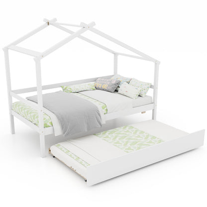 Twin Size Kids House Bed with Pull-Out Trundle, Roof Design, and Safety Guardrails - White
