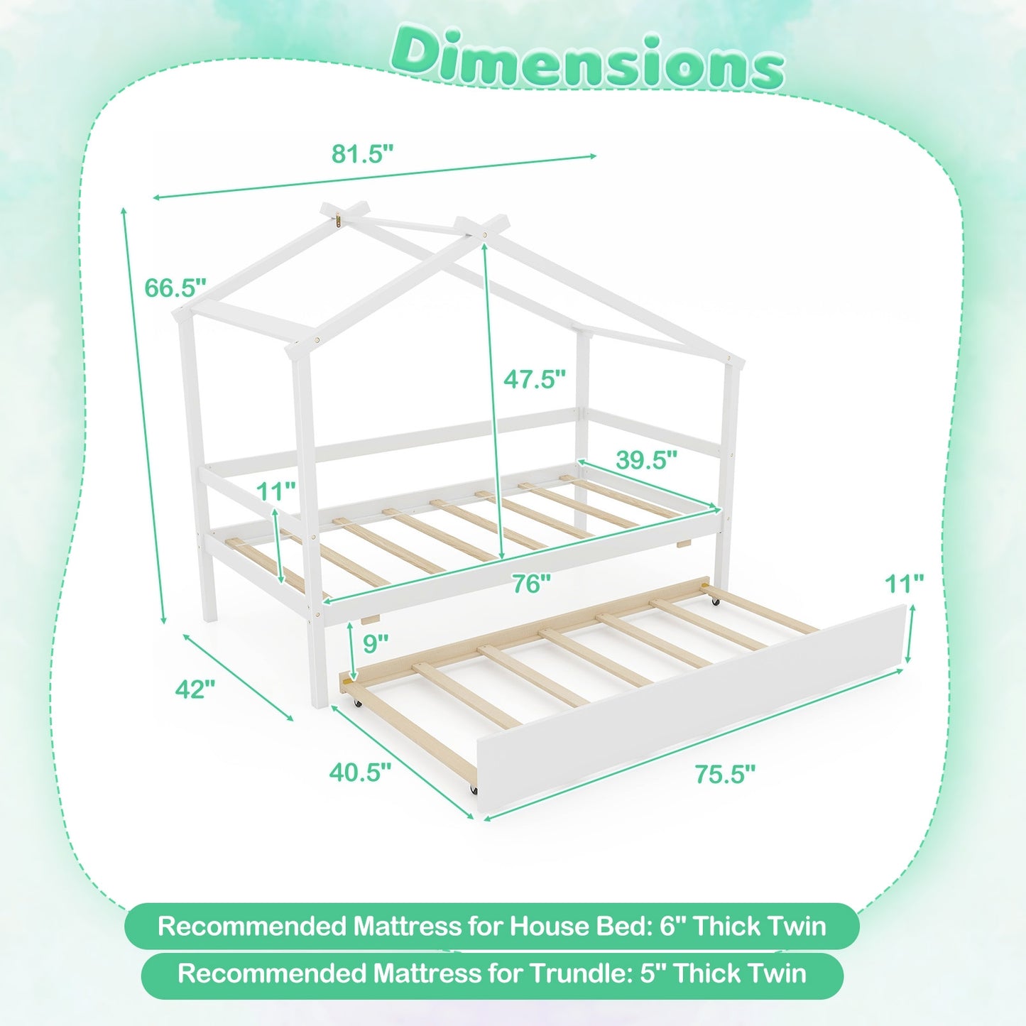 Twin Size Kids House Bed with Pull-Out Trundle, Roof Design, and Safety Guardrails - White