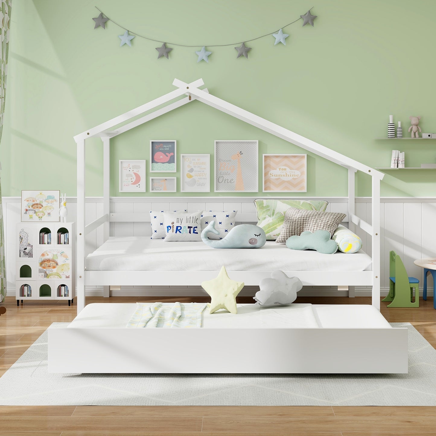 Twin Size Kids House Bed with Pull-Out Trundle, Roof Design, and Safety Guardrails - White