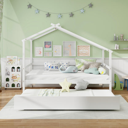 Twin Size Kids House Bed with Pull-Out Trundle, Roof Design, and Safety Guardrails - White