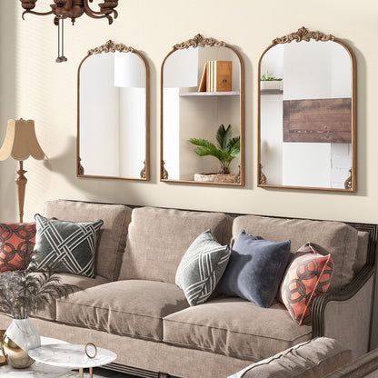 Vintage Gold Arched Baroque Mirror with Ornate Metal Frame – Traditional Wall Décor