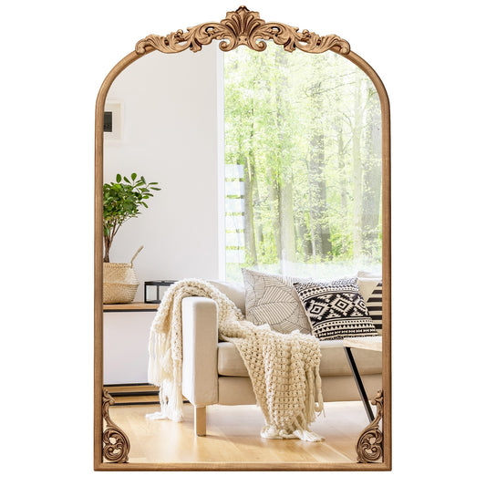 Vintage Gold Arched Baroque Mirror with Ornate Metal Frame – Traditional Wall Décor