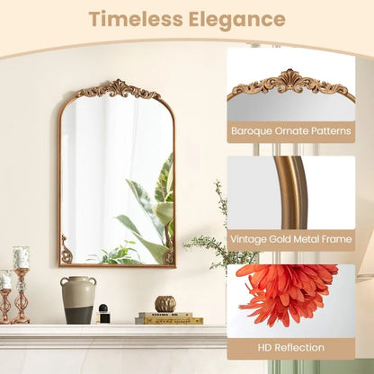 Vintage Gold Arched Baroque Mirror with Ornate Metal Frame – Traditional Wall Décor