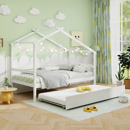 Twin Size Kids House Bed with Pull-Out Trundle, Roof Design, and Safety Guardrails - White