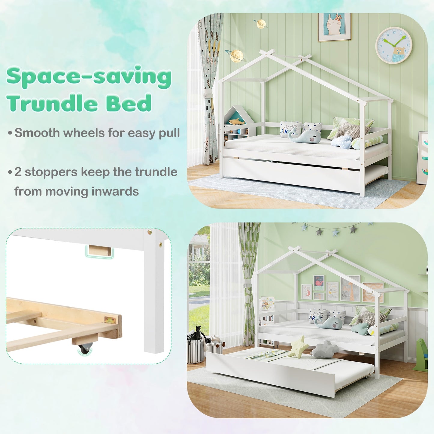 Twin Size Kids House Bed with Pull-Out Trundle, Roof Design, and Safety Guardrails - White