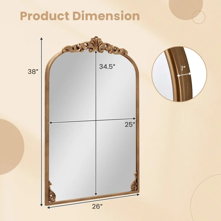 Vintage Gold Arched Baroque Mirror with Ornate Metal Frame – Traditional Wall Décor