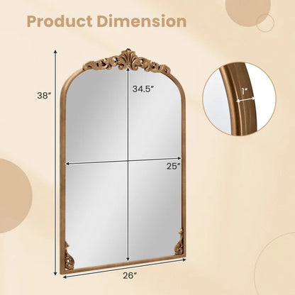 Vintage Gold Arched Baroque Mirror with Ornate Metal Frame – Traditional Wall Décor