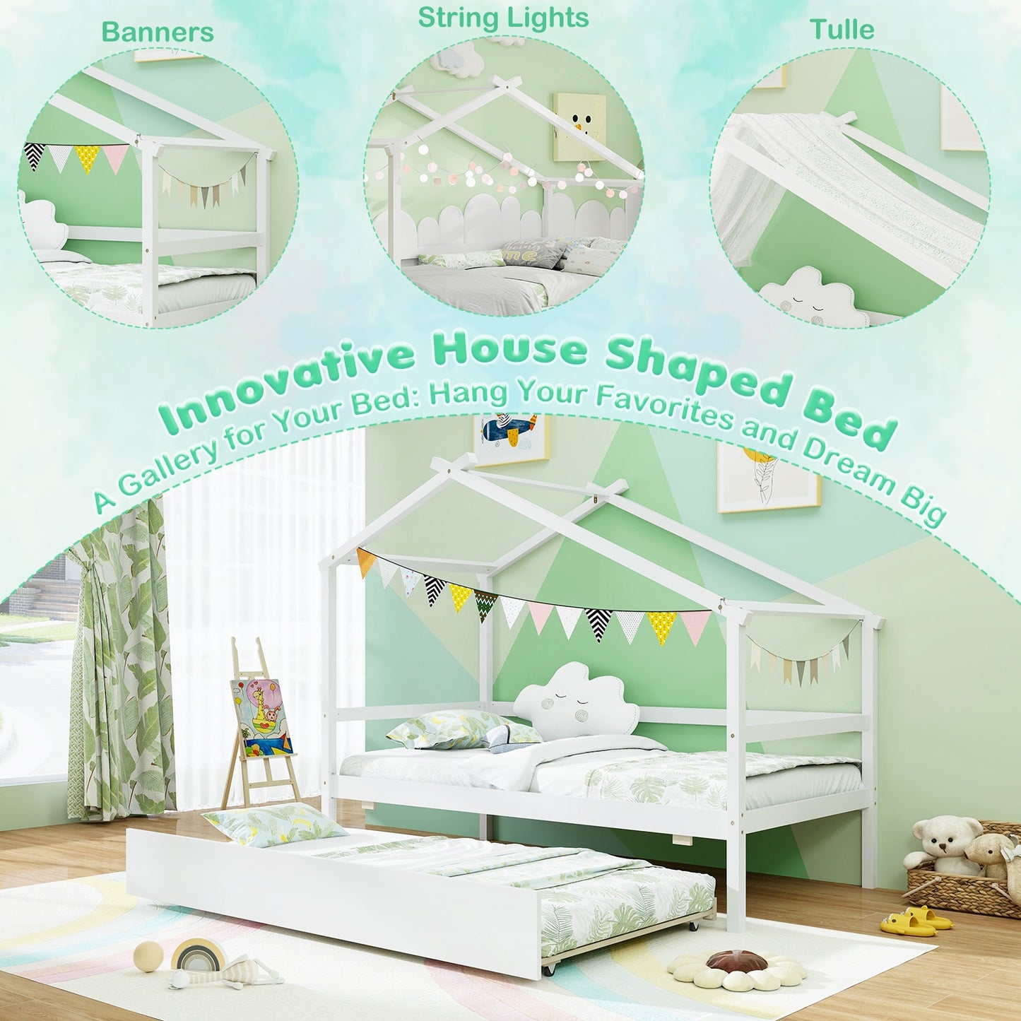 Twin Size Kids House Bed with Pull-Out Trundle, Roof Design, and Safety Guardrails - White