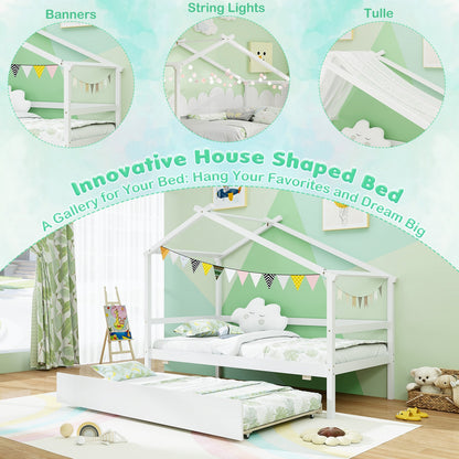 Twin Size Kids House Bed with Pull-Out Trundle, Roof Design, and Safety Guardrails - White