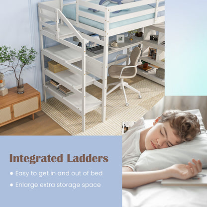 Multifunctional Twin Loft Bed with Desk, Storage Stairs, Shelves, and Safety Guardrails