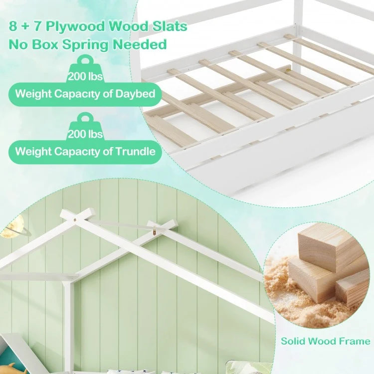 Twin Size Kids House Bed with Pull-Out Trundle, Roof Design, and Safety Guardrails - White