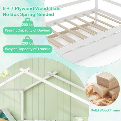 Twin Size Kids House Bed with Pull-Out Trundle, Roof Design, and Safety Guardrails - White