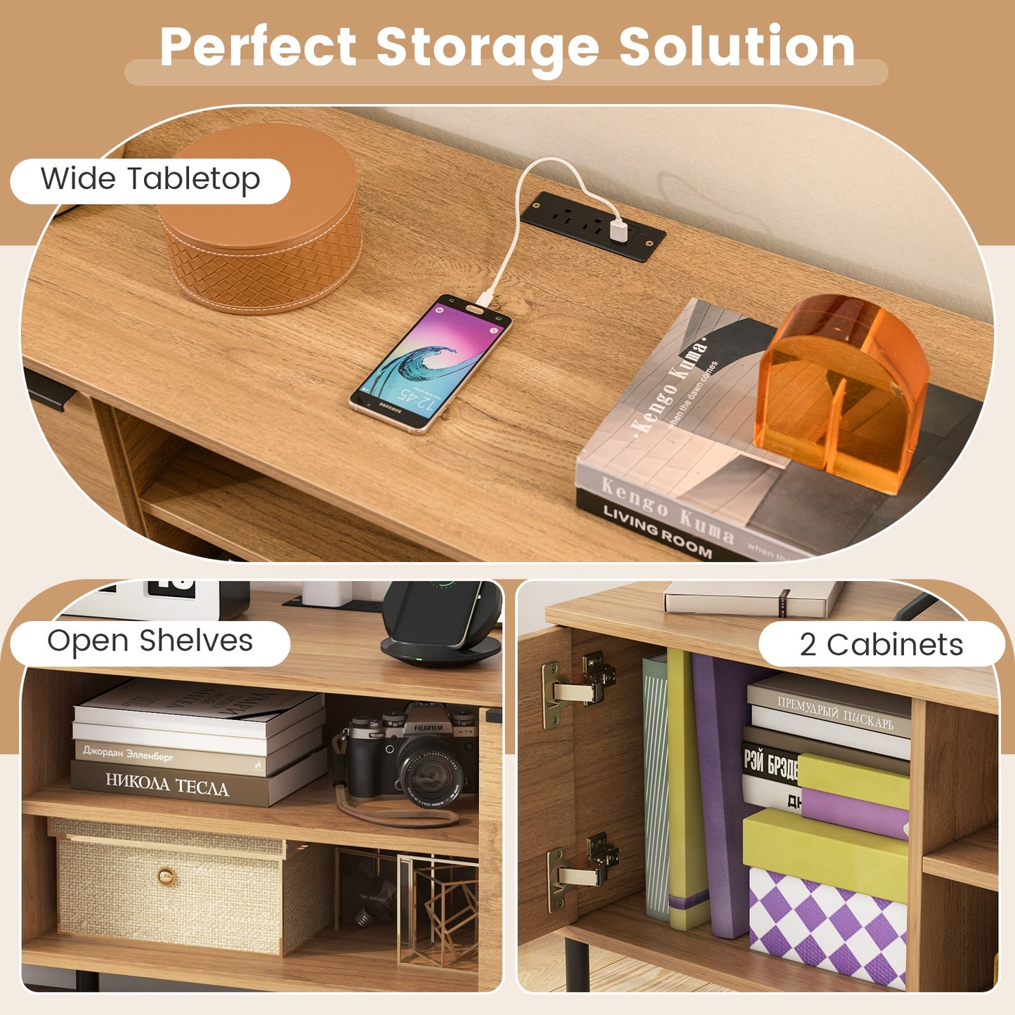 Contemporary Media Console with Power Outlets, Cabinets, and Open Shelving for 65 Inch TVs