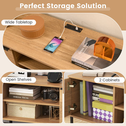Contemporary Media Console with Power Outlets, Cabinets, and Open Shelving for 65 Inch TVs