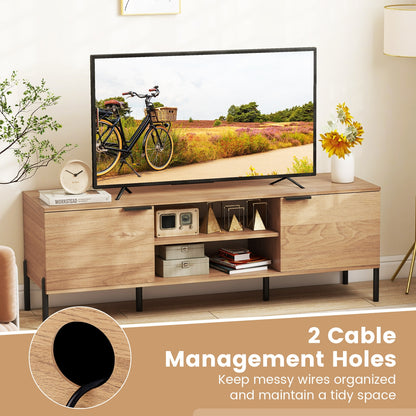 Contemporary Media Console with Power Outlets, Cabinets, and Open Shelving for 65 Inch TVs