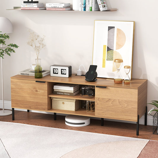 Contemporary Media Console with Power Outlets, Cabinets, and Open Shelving for 65 Inch TVs