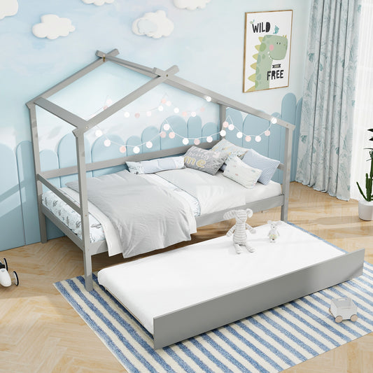 Twin Size Kids House Bed with Pull-Out Trundle, Roof Design, and Safety Guardrails - Grey