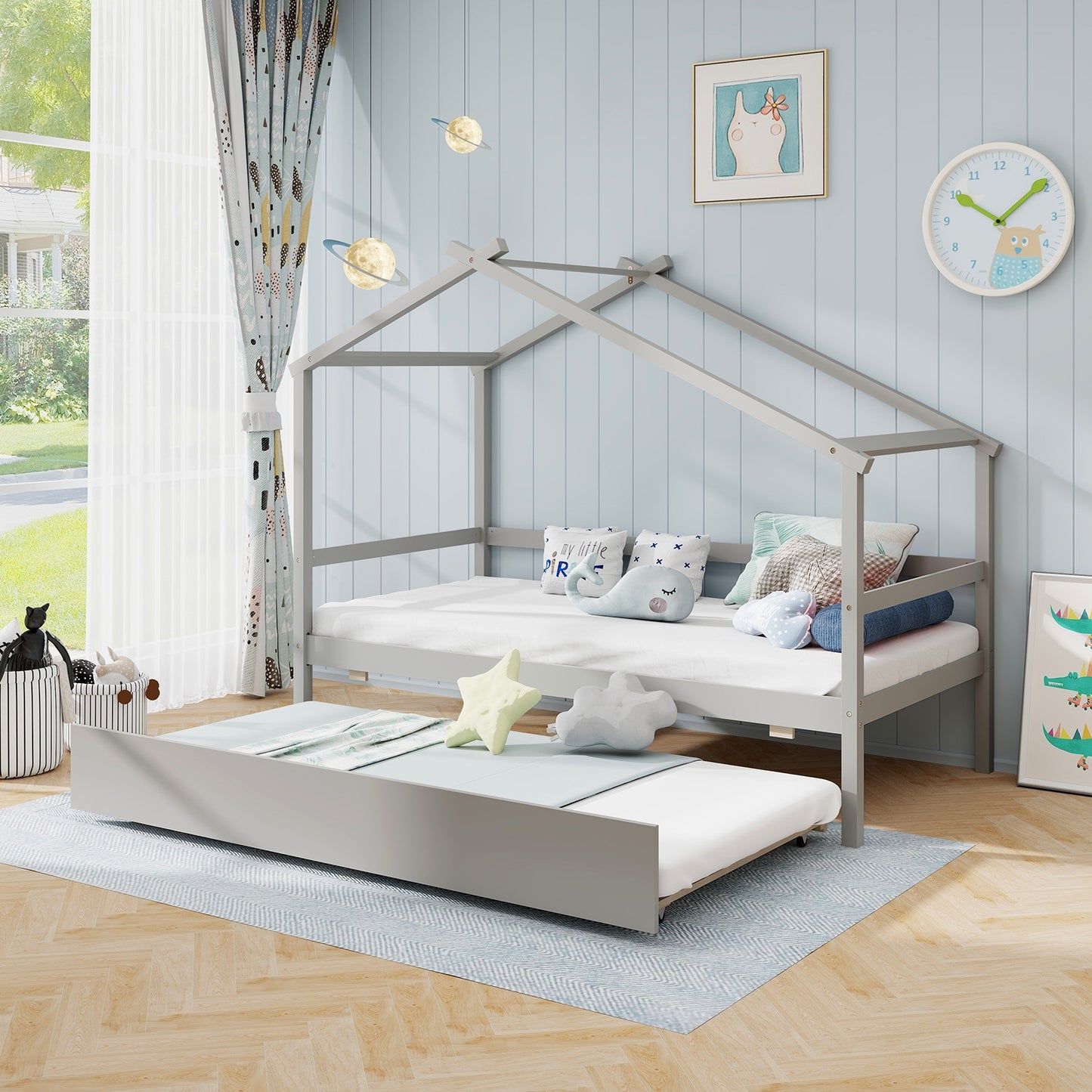 Twin Size Kids House Bed with Pull-Out Trundle, Roof Design, and Safety Guardrails - Grey