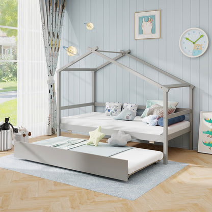Twin Size Kids House Bed with Pull-Out Trundle, Roof Design, and Safety Guardrails - Grey