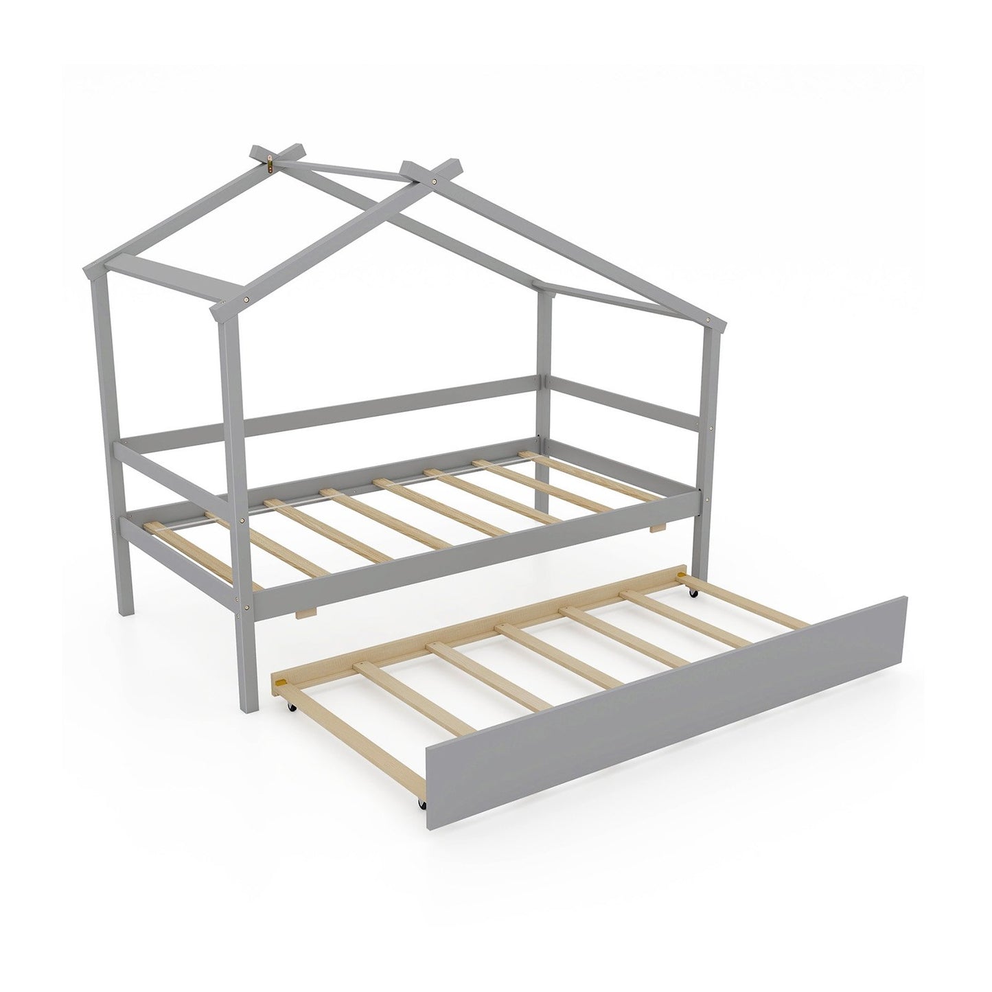 Twin Size Kids House Bed with Pull-Out Trundle, Roof Design, and Safety Guardrails - Grey