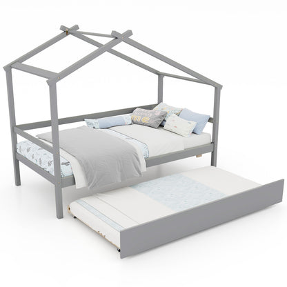 Twin Size Kids House Bed with Pull-Out Trundle, Roof Design, and Safety Guardrails - Grey