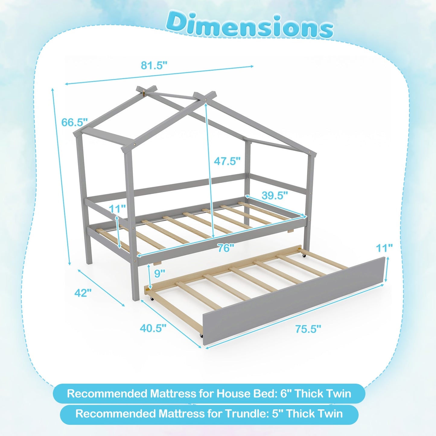 Twin Size Kids House Bed with Pull-Out Trundle, Roof Design, and Safety Guardrails - Grey