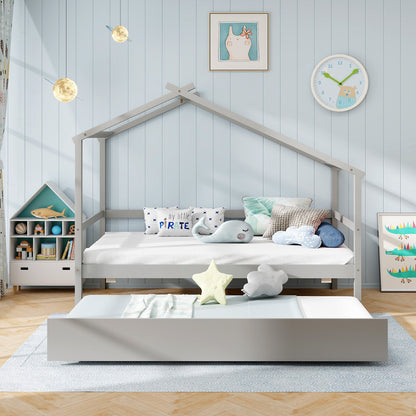 Twin Size Kids House Bed with Pull-Out Trundle, Roof Design, and Safety Guardrails - Grey