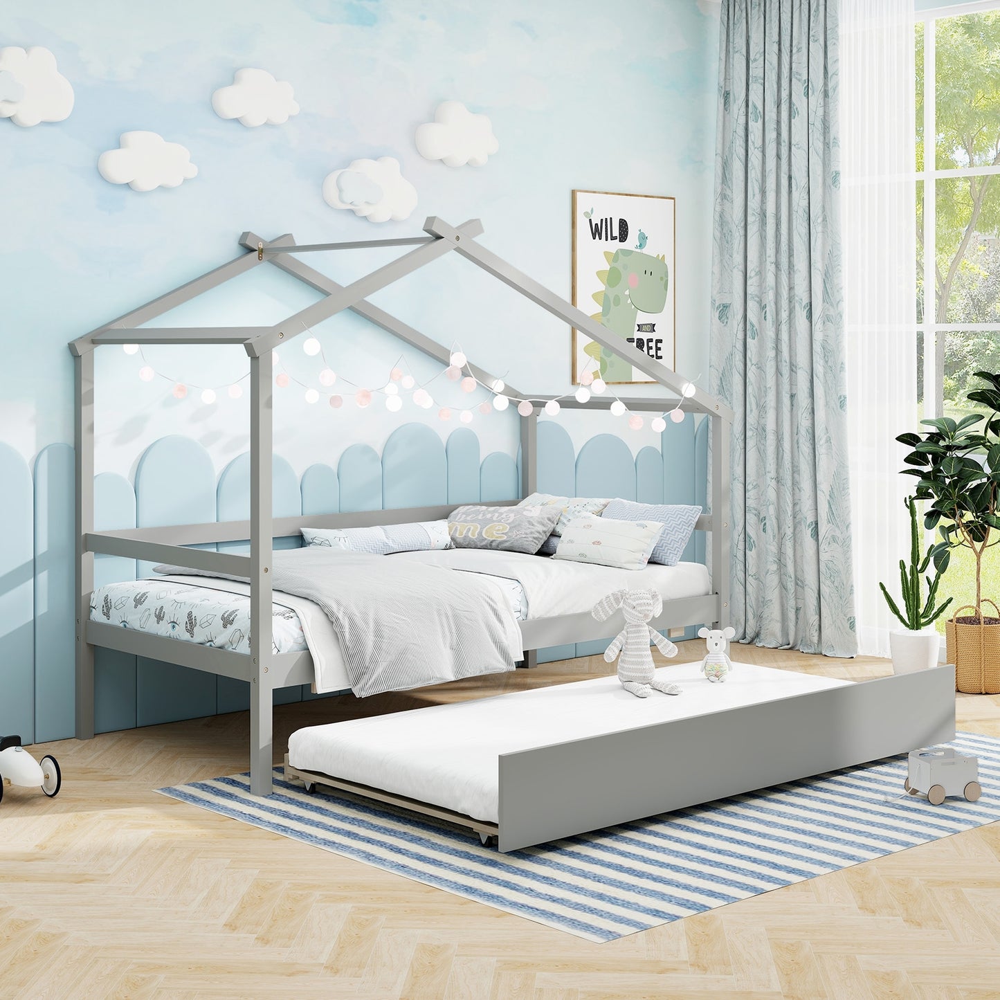 Twin Size Kids House Bed with Pull-Out Trundle, Roof Design, and Safety Guardrails - Grey
