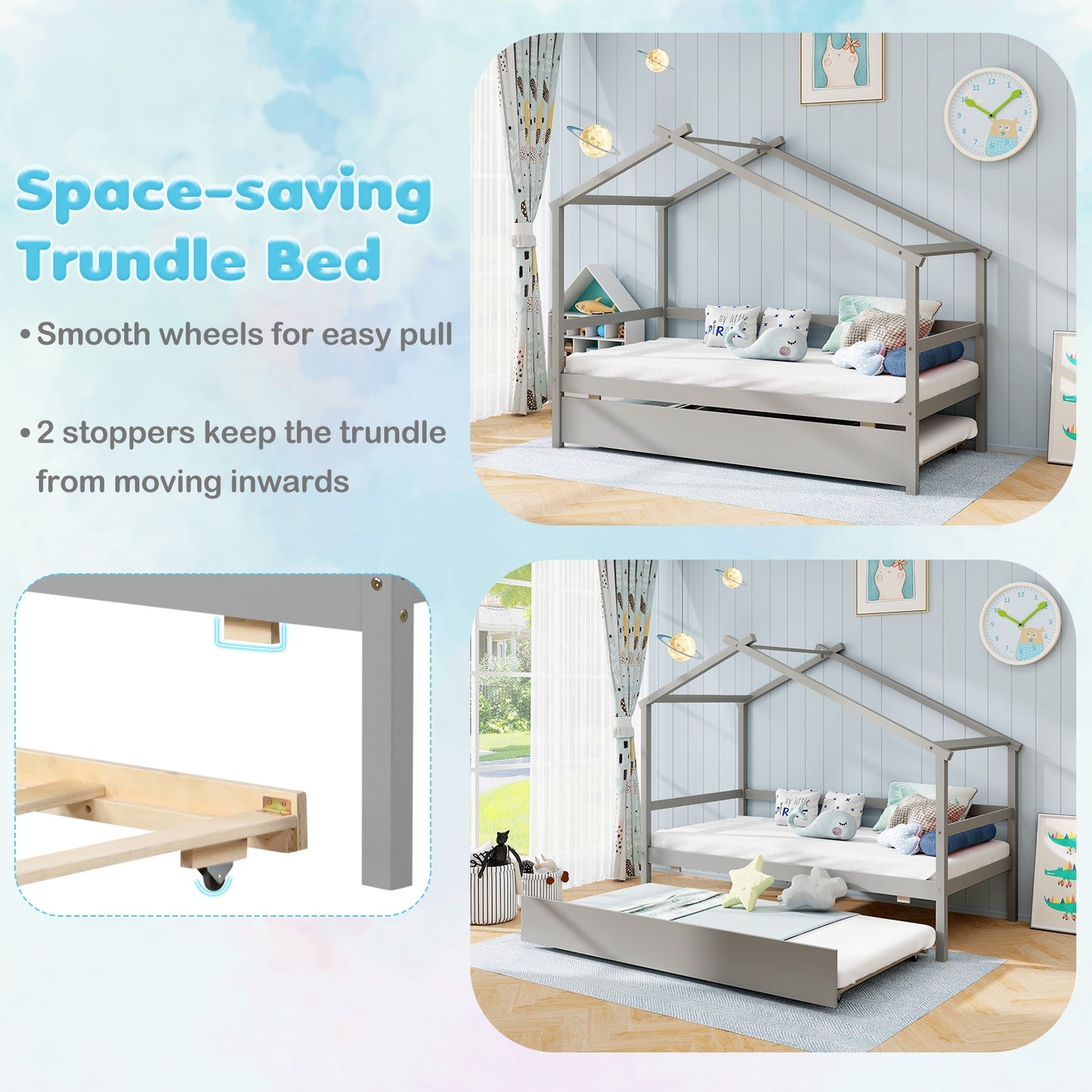 Twin Size Kids House Bed with Pull-Out Trundle, Roof Design, and Safety Guardrails - Grey