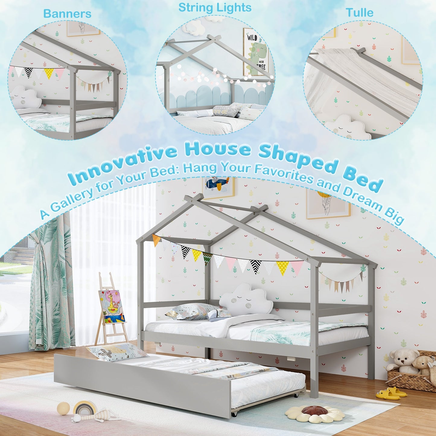 Twin Size Kids House Bed with Pull-Out Trundle, Roof Design, and Safety Guardrails - Grey