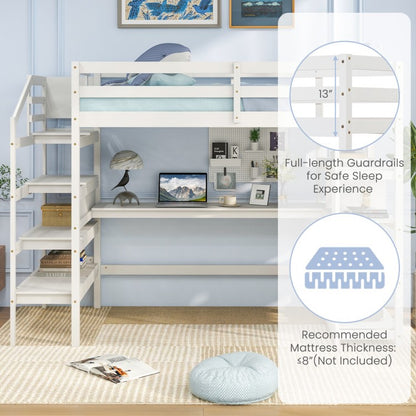 Multifunctional Twin Loft Bed with Desk, Storage Stairs, Shelves, and Safety Guardrails
