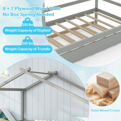 Twin Size Kids House Bed with Pull-Out Trundle, Roof Design, and Safety Guardrails - Grey