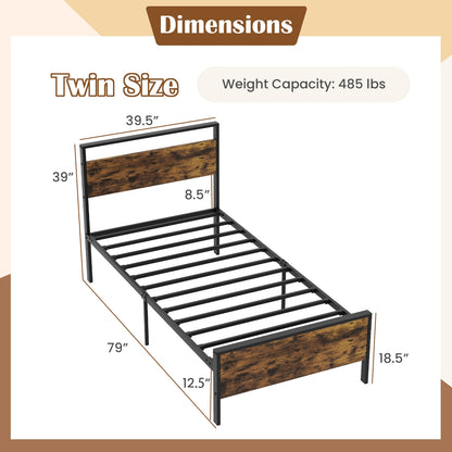 Heavy-Duty Industrial Platform Bed with Wood Headboard and Storage Space, Twin Size