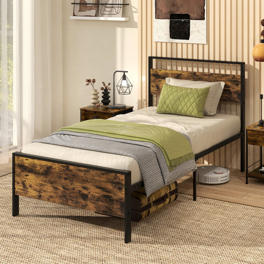 Heavy-Duty Industrial Platform Bed with Wood Headboard and Storage Space, Twin Size