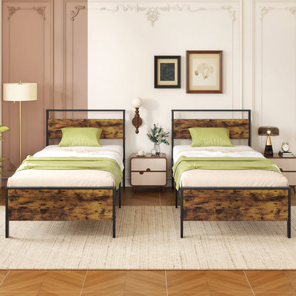 Heavy-Duty Industrial Platform Bed with Wood Headboard and Storage Space, Twin Size