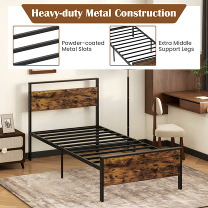 Heavy-Duty Industrial Platform Bed with Wood Headboard and Storage Space, Twin Size