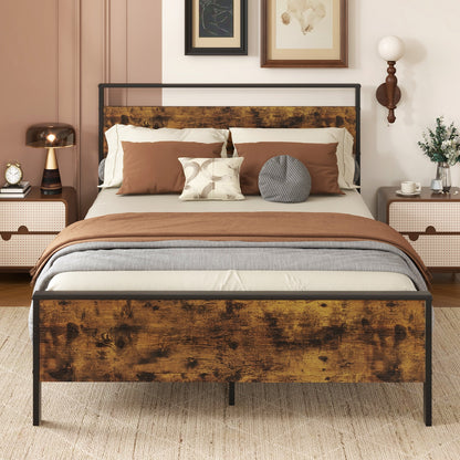 Heavy-Duty Industrial Platform Bed with Wood Headboard and Storage Space, Full Size