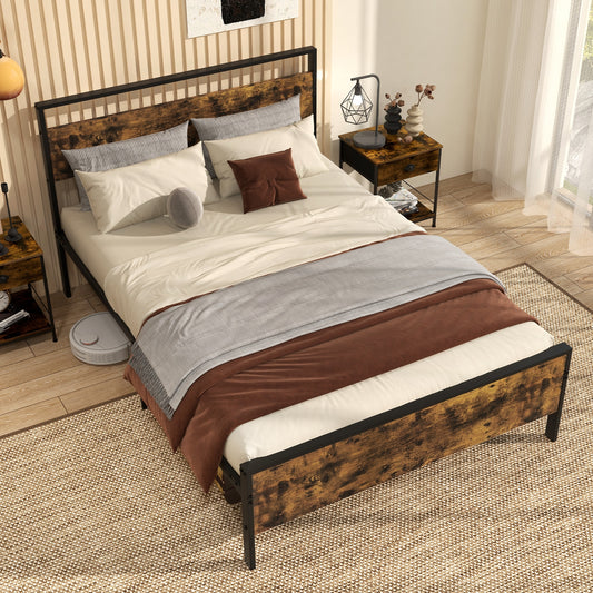 Heavy-Duty Industrial Platform Bed with Wood Headboard and Storage Space, Full Size